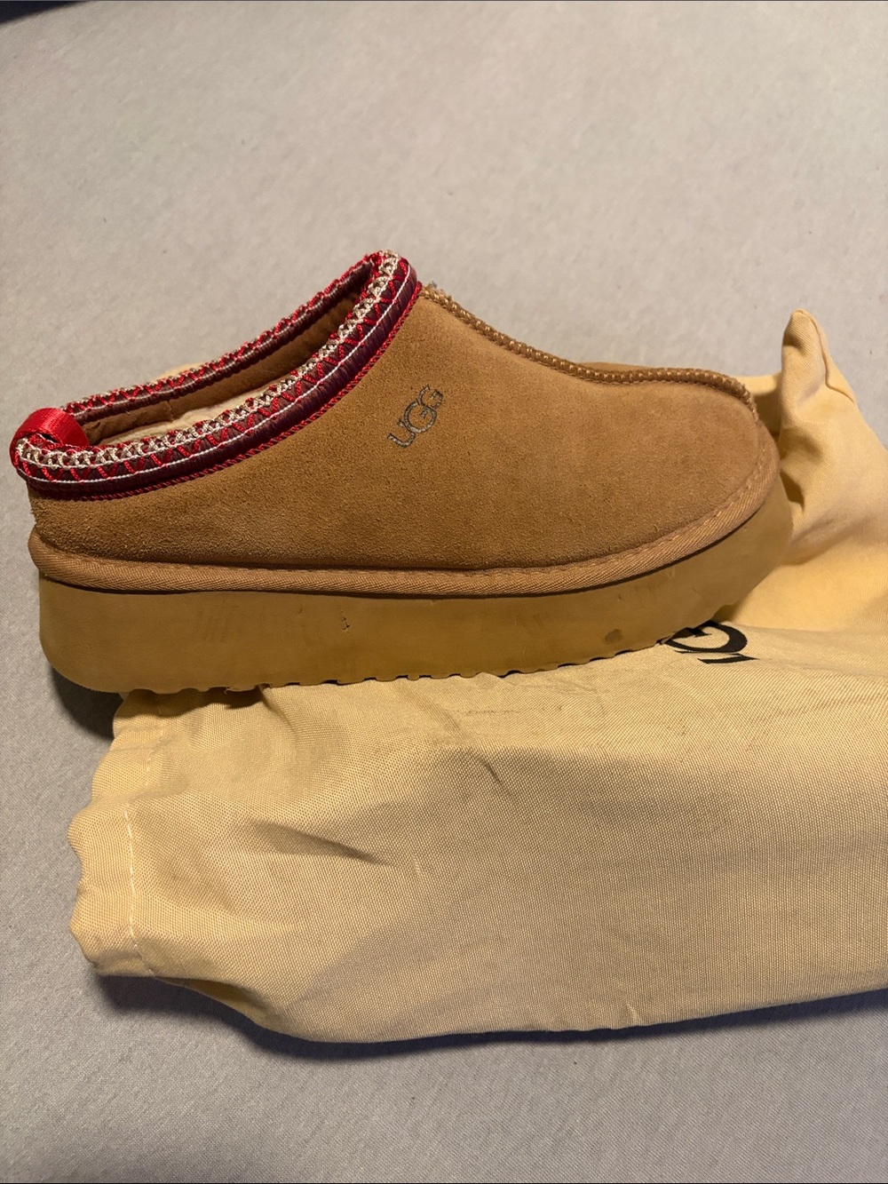 UGG Women's Chestnut Suede Slip-On Clog with Red Trim